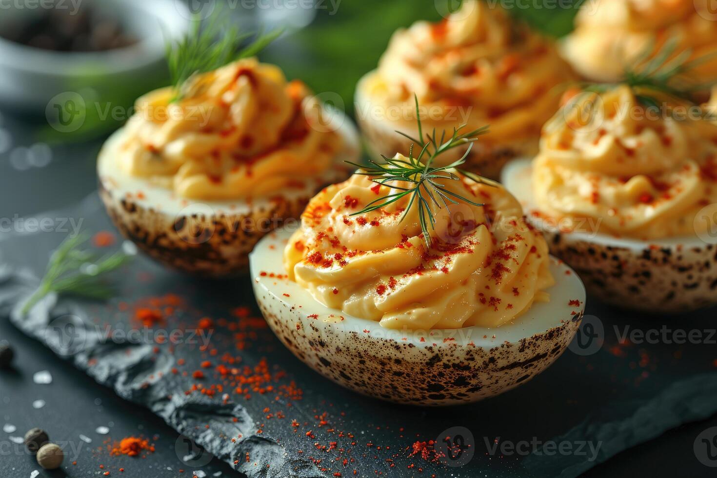 AI generated deviled egg in the kitchen table professional advertising food photography photo