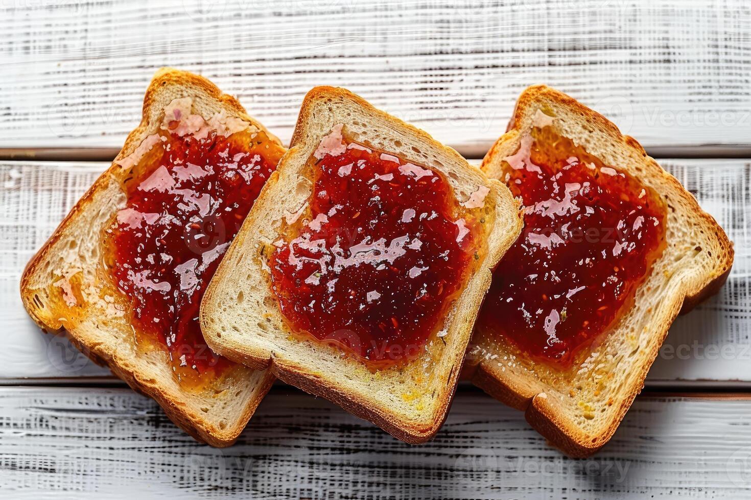 AI generated toasts with fruits jam on kitchen table professional advertising food photography photo