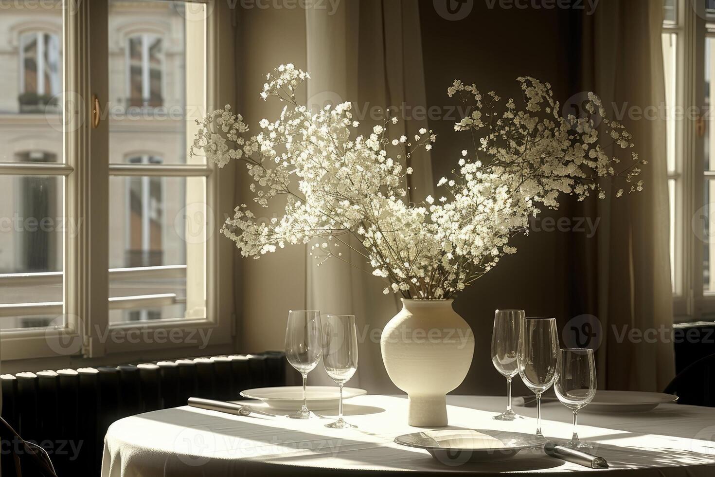 AI generated modern elegant event table and cutlery setting in a minimalist style advertising food photography photo