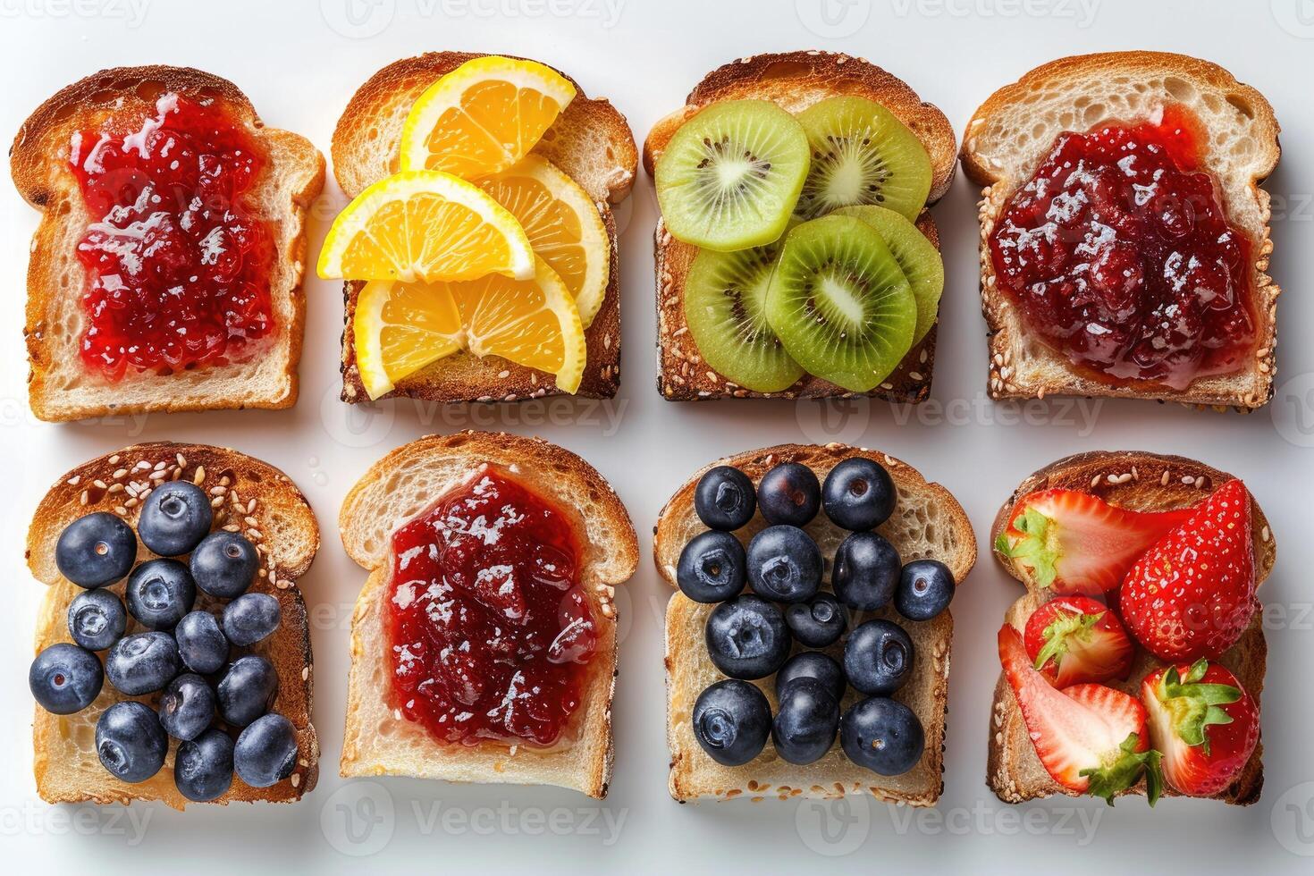 AI generated toasts with fruits jam on kitchen table professional advertising food photography photo