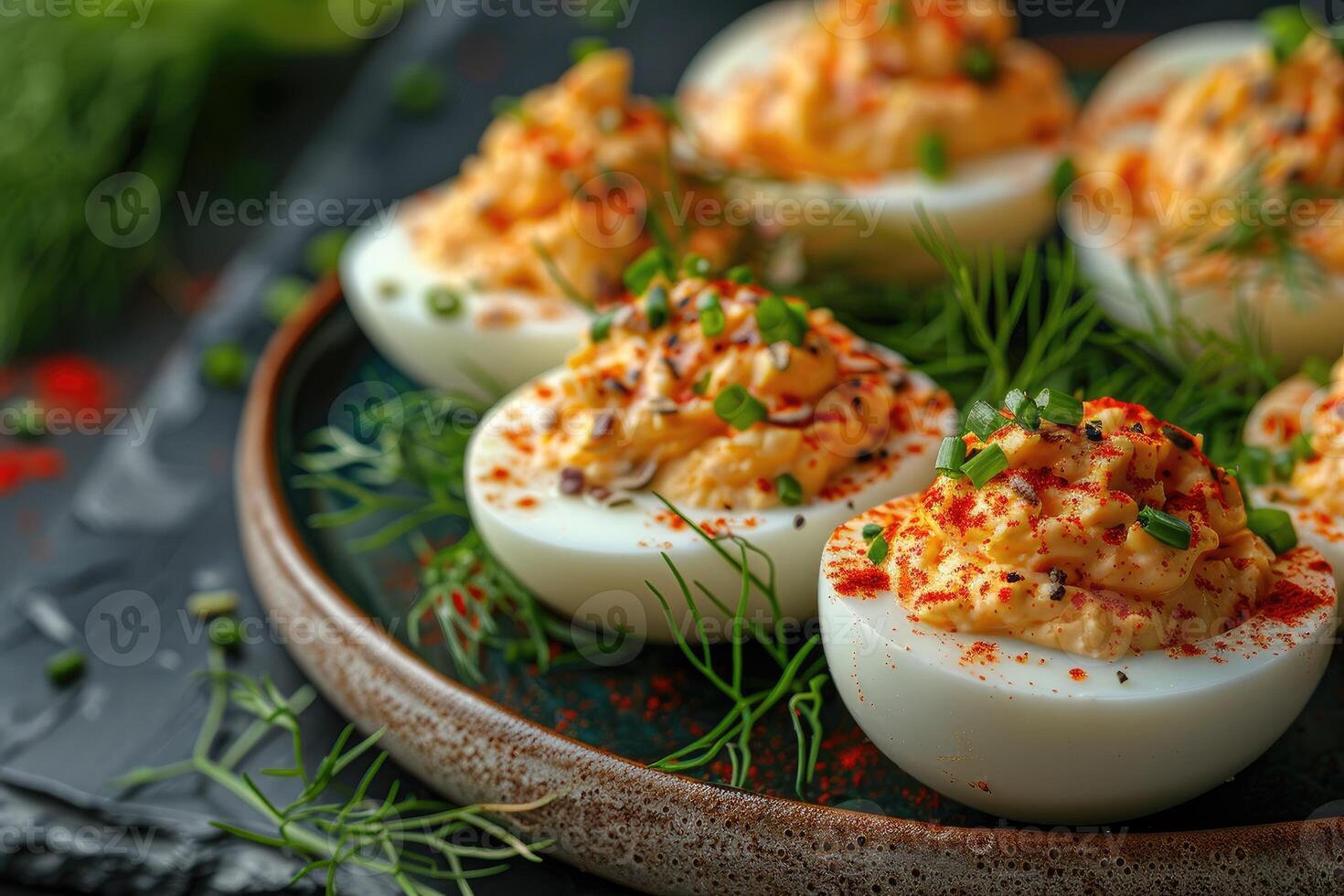 AI generated deviled egg in the kitchen table professional advertising food photography photo