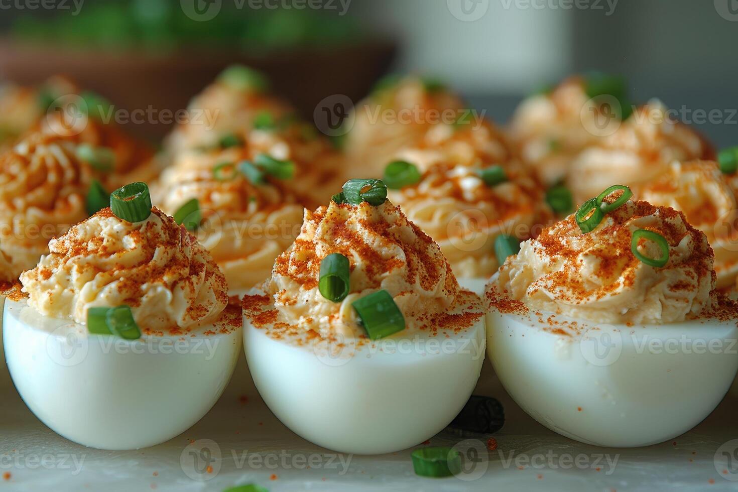 AI generated deviled egg in the kitchen table professional advertising food photography photo
