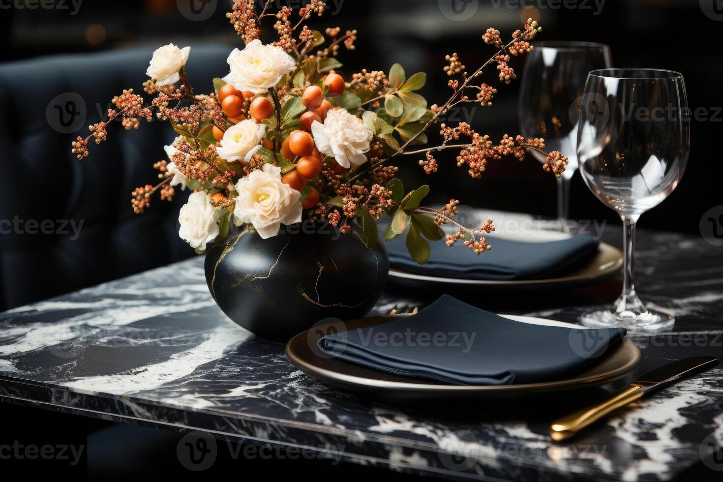 AI generated modern elegant event table and cutlery setting in a minimalist style advertising food photography photo