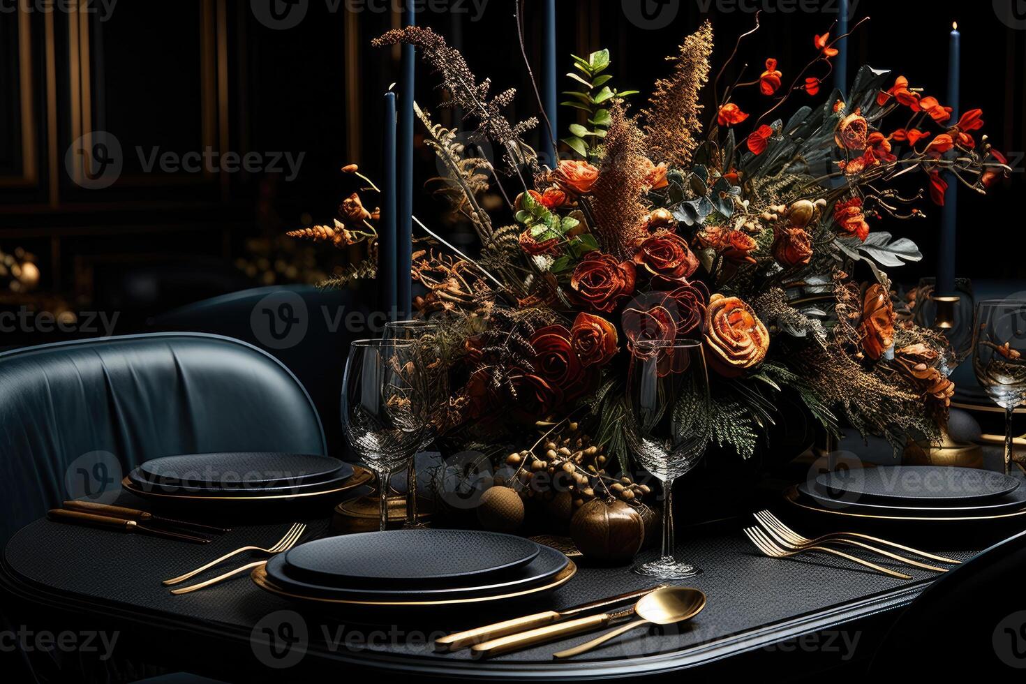 AI generated modern elegant event table and cutlery setting in a minimalist style advertising food photography photo