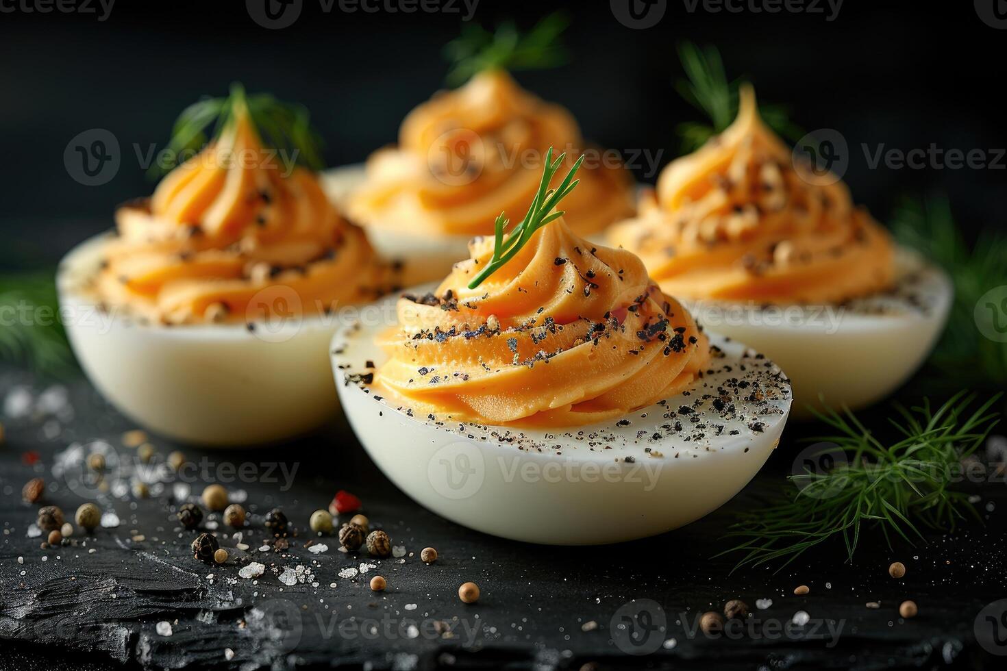 AI generated deviled egg in the kitchen table professional advertising food photography photo