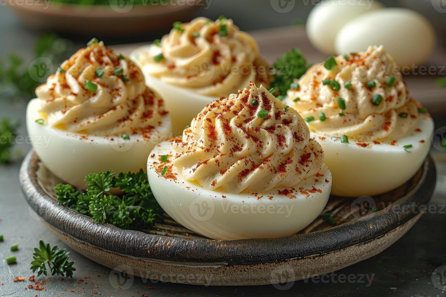 AI generated deviled egg in the kitchen table professional advertising food photography photo