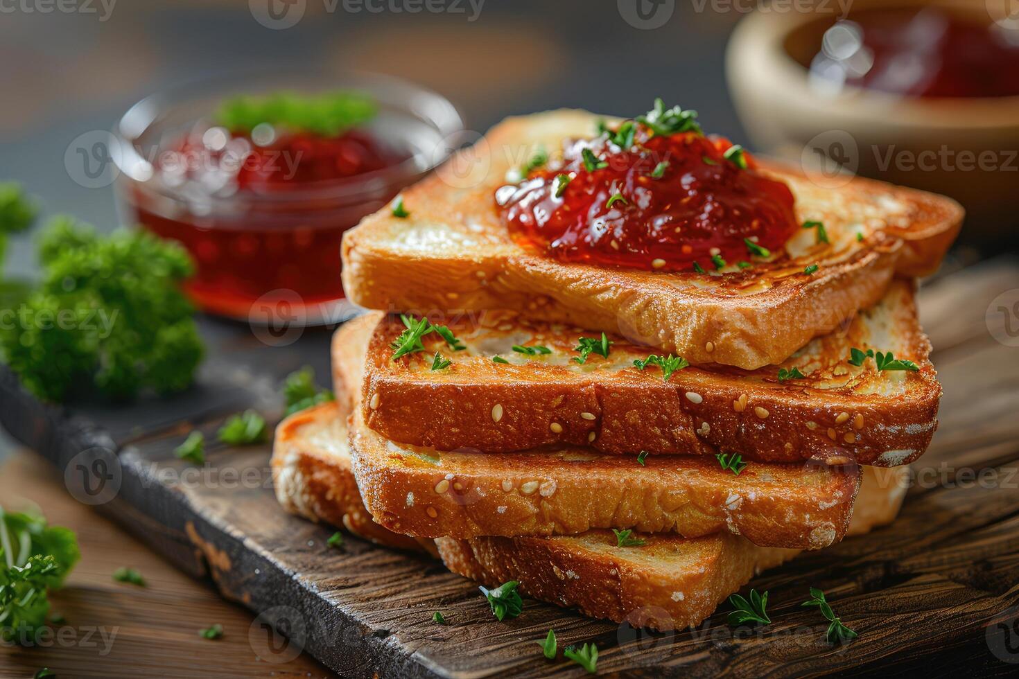 AI generated toasts with fruits jam on kitchen table professional advertising food photography photo