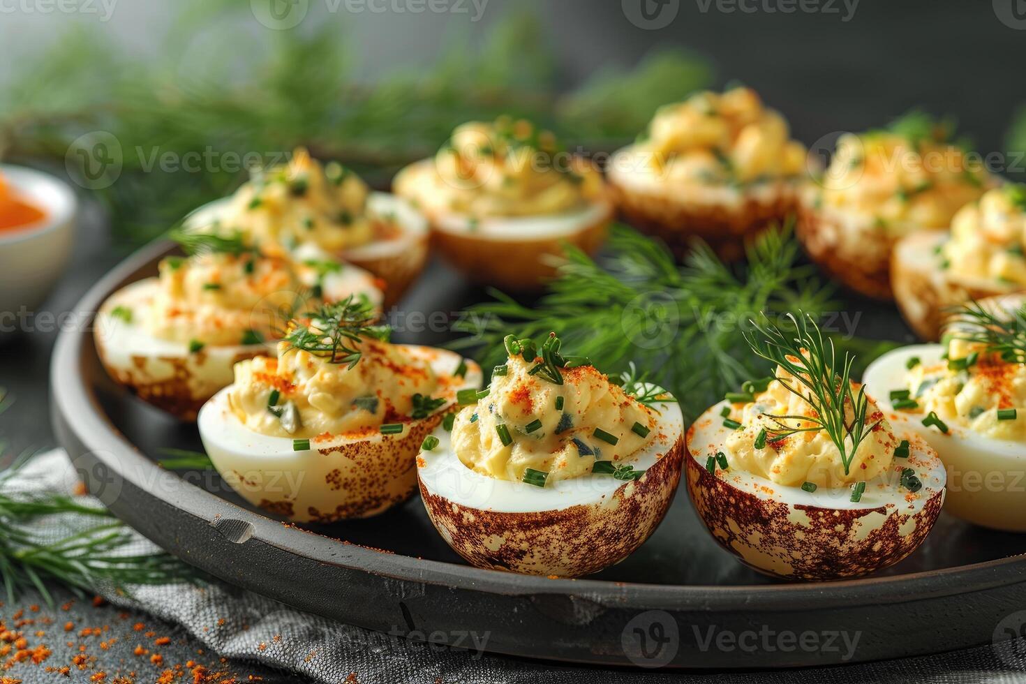 AI generated deviled egg in the kitchen table professional advertising food photography photo