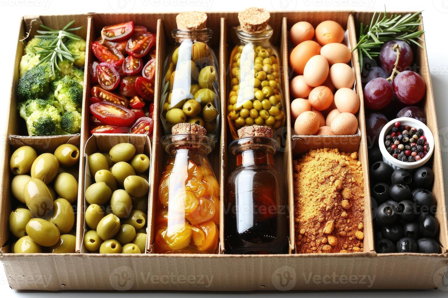 AI generated various food items in cardboard box advertising food photography photo