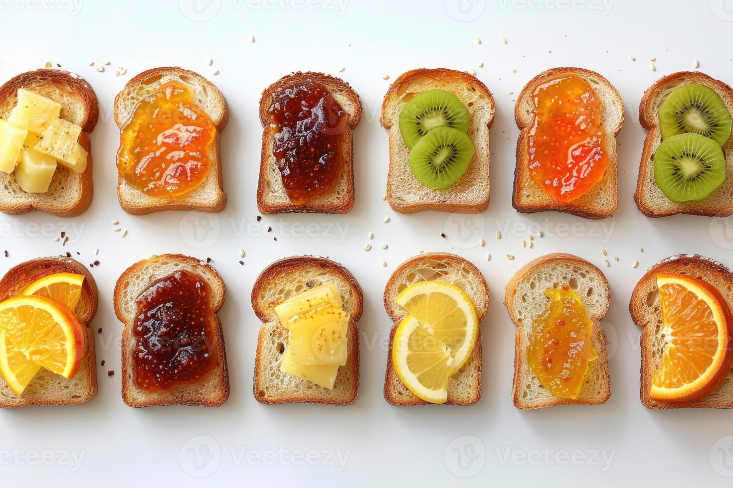 AI generated toasts with fruits jam on kitchen table professional advertising food photography photo