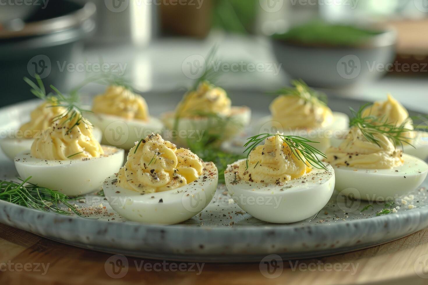 AI generated deviled egg in the kitchen table professional advertising food photography photo