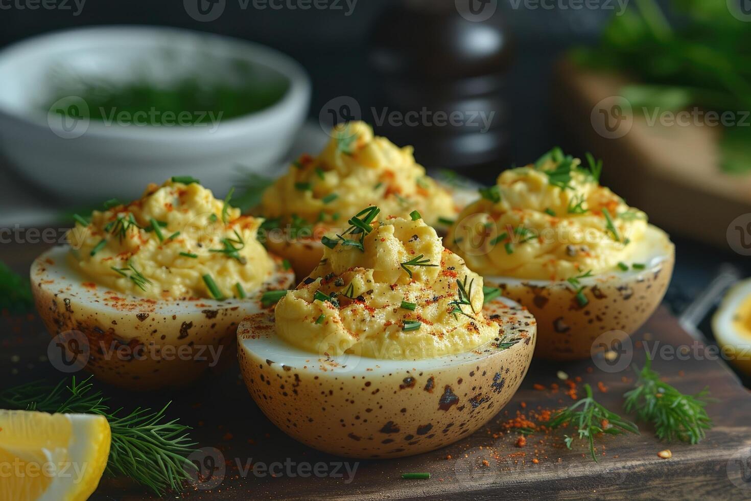 AI generated deviled egg in the kitchen table professional advertising food photography photo