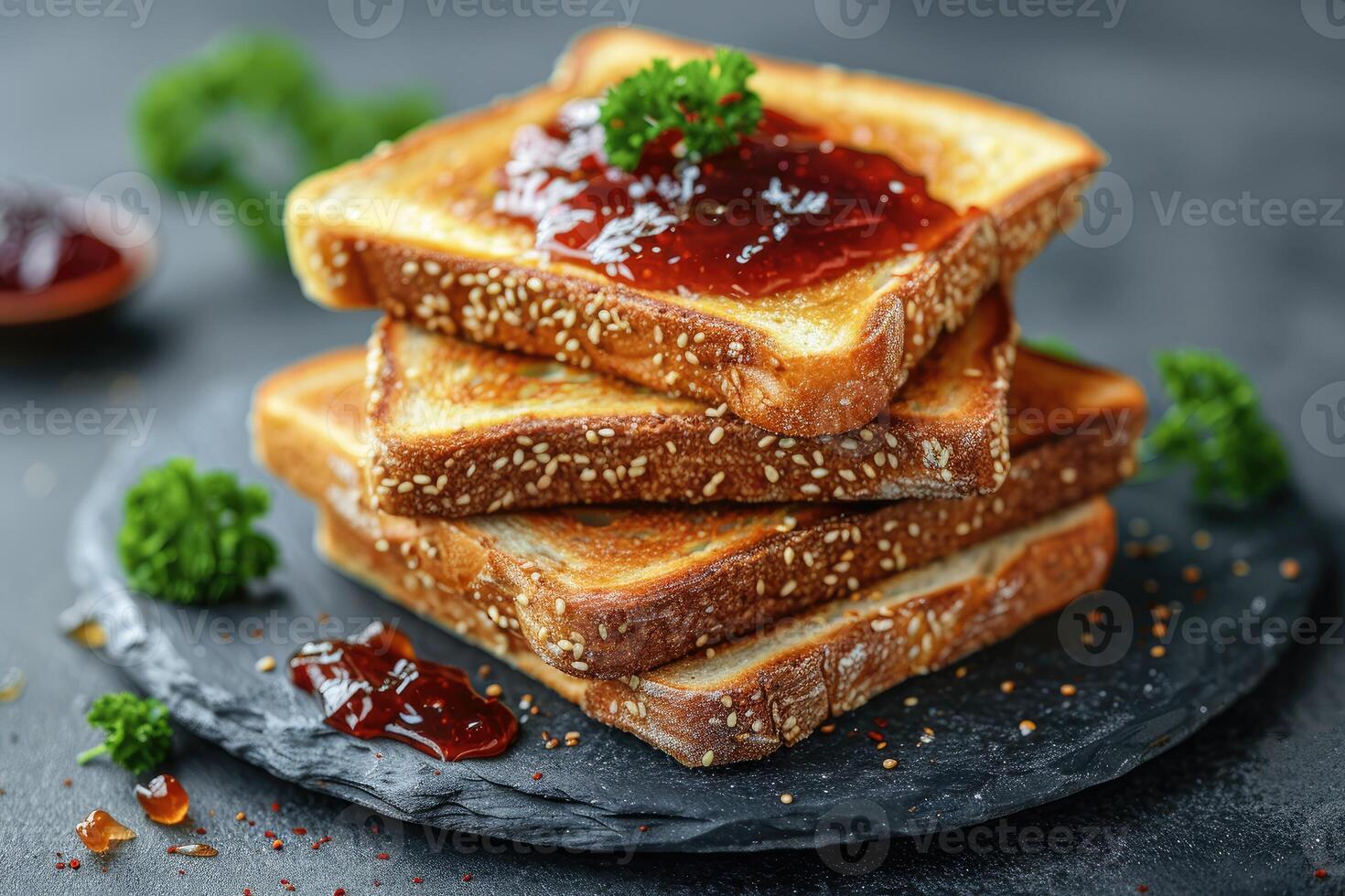 AI generated toasts with fruits jam on kitchen table professional advertising food photography photo