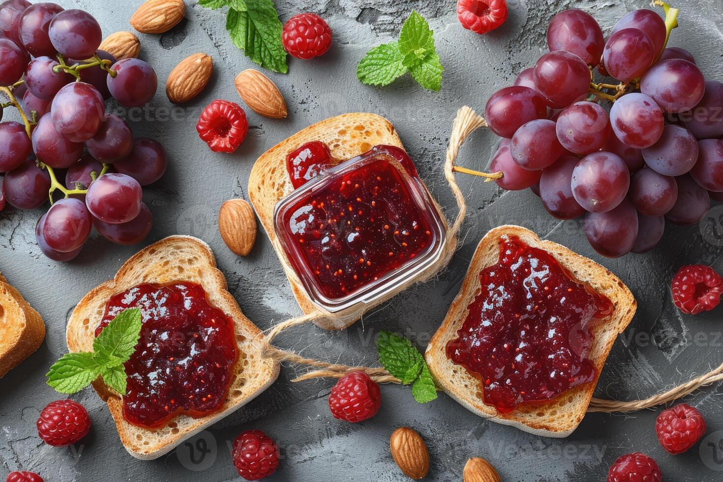 AI generated toasts with fruits jam on kitchen table professional advertising food photography photo