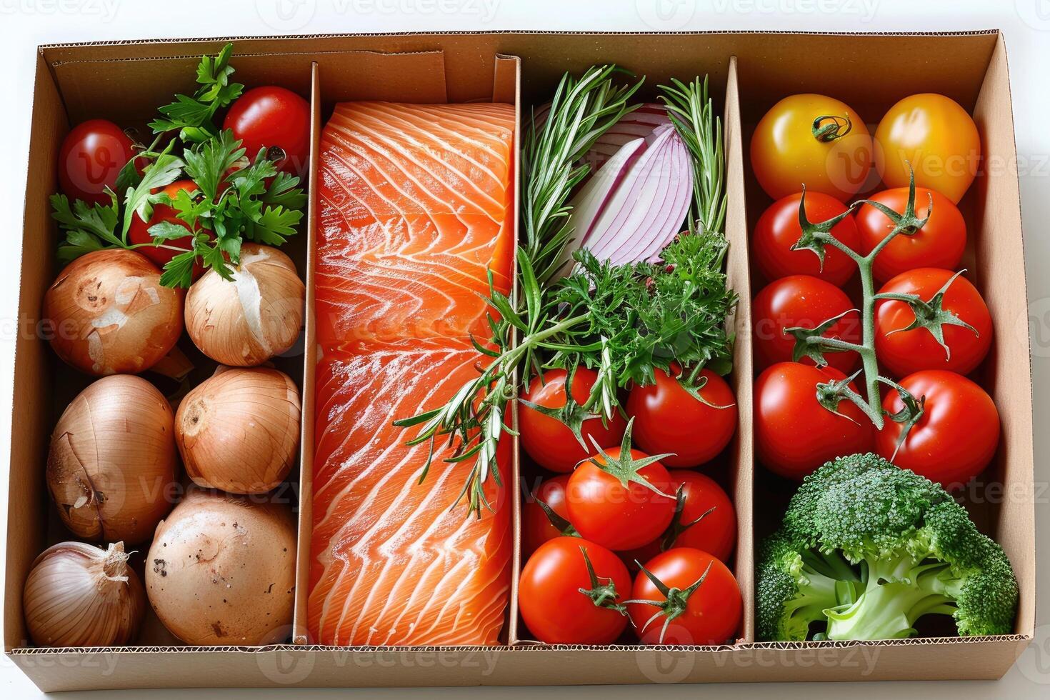 AI generated various food items in cardboard box advertising food photography photo