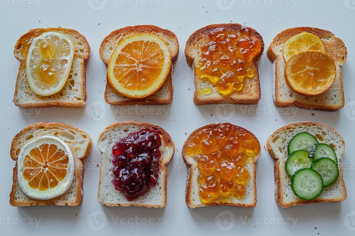 AI generated toasts with fruits jam on kitchen table professional advertising food photography photo