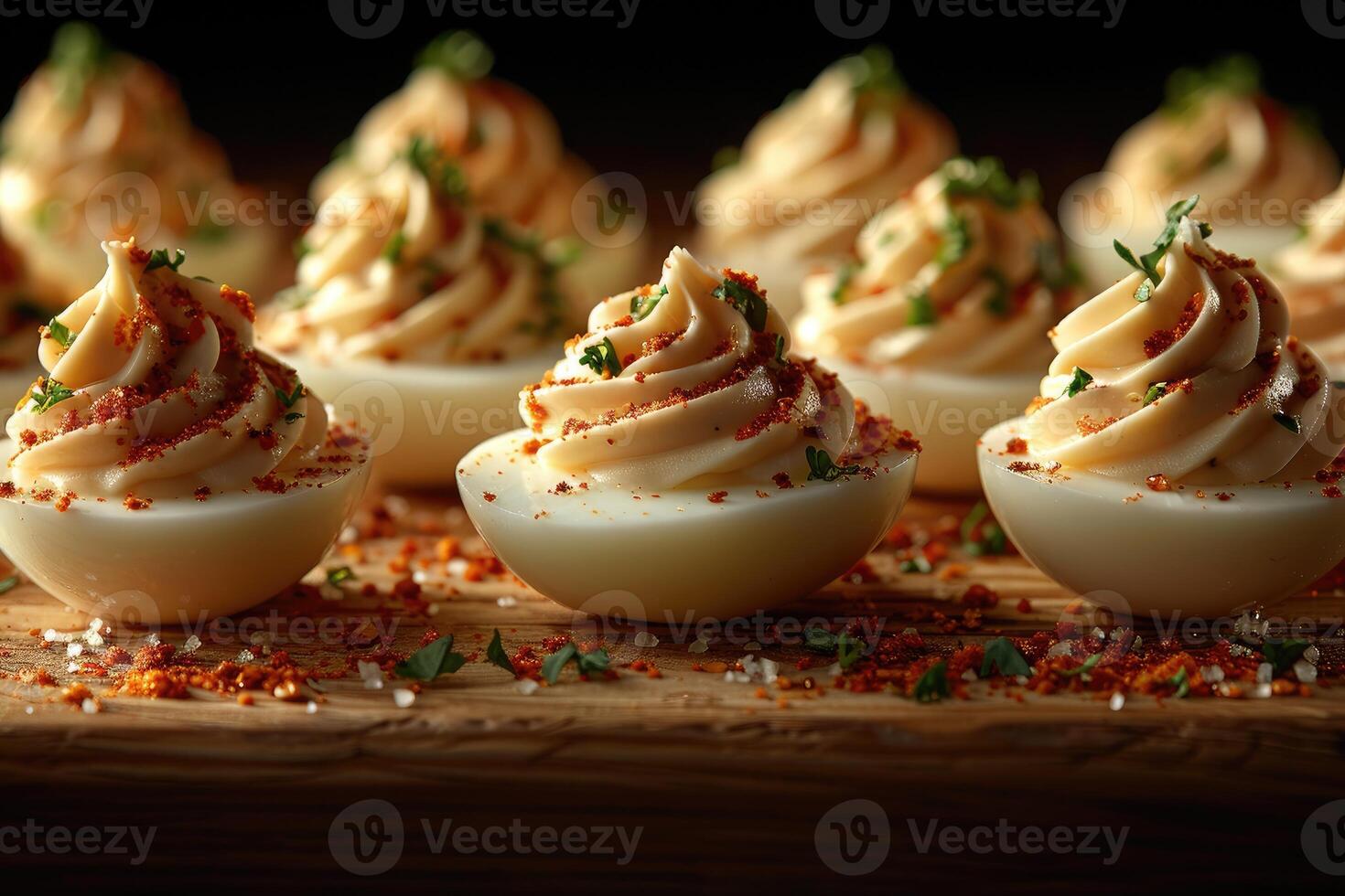 AI generated deviled egg in the kitchen table professional advertising food photography photo