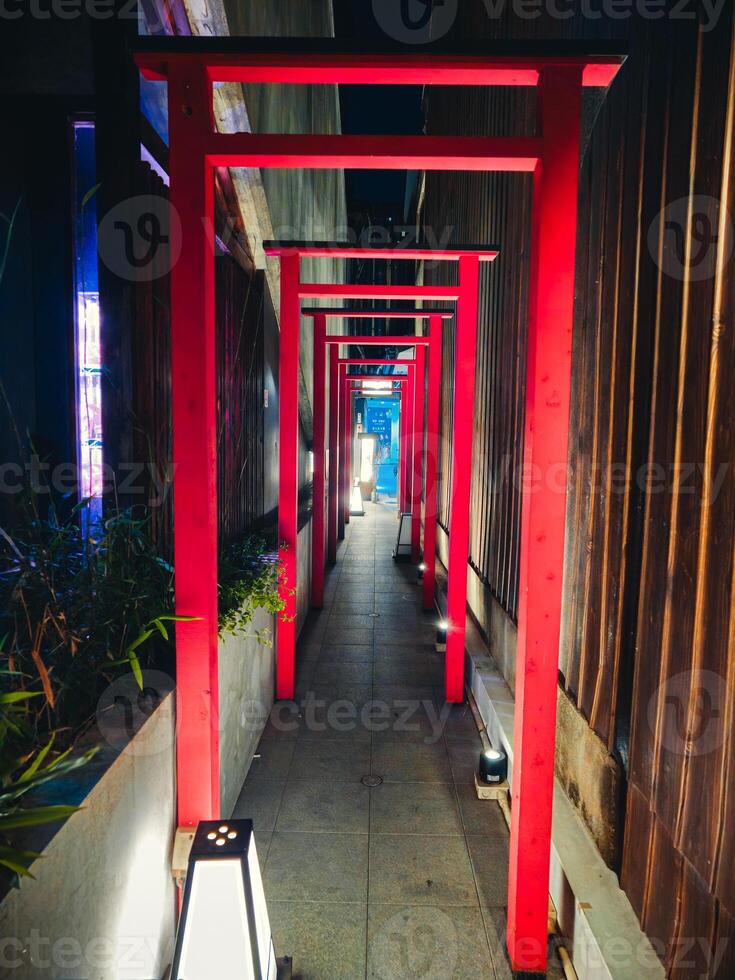 Tight Empty Alley With Red Decorations In Japan photo