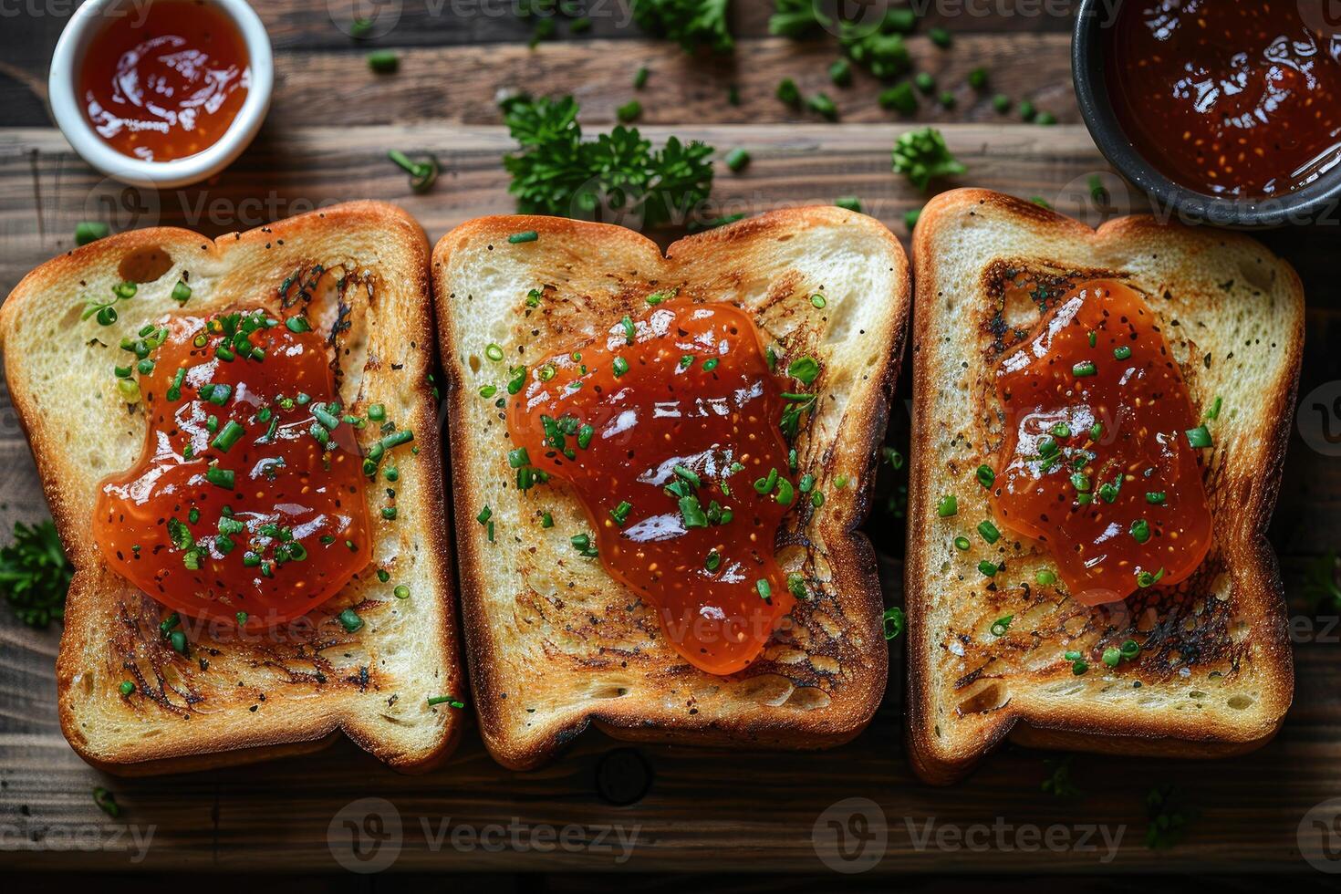 AI generated toasts with fruits jam on kitchen table professional advertising food photography photo