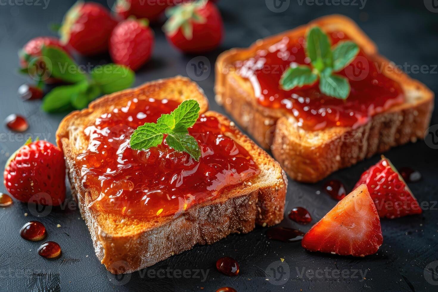 AI generated toasts with fruits jam on kitchen table professional advertising food photography photo