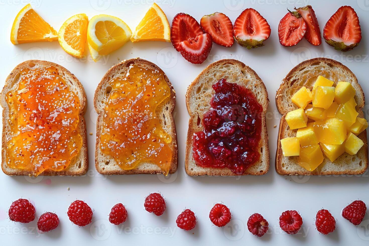 AI generated toasts with fruits jam on kitchen table professional advertising food photography photo