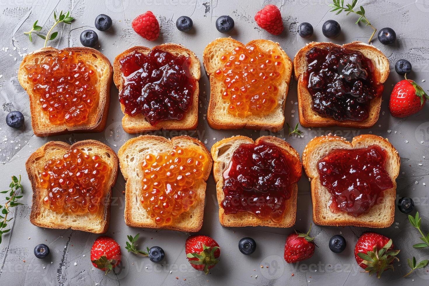 AI generated toasts with fruits jam on kitchen table professional advertising food photography photo