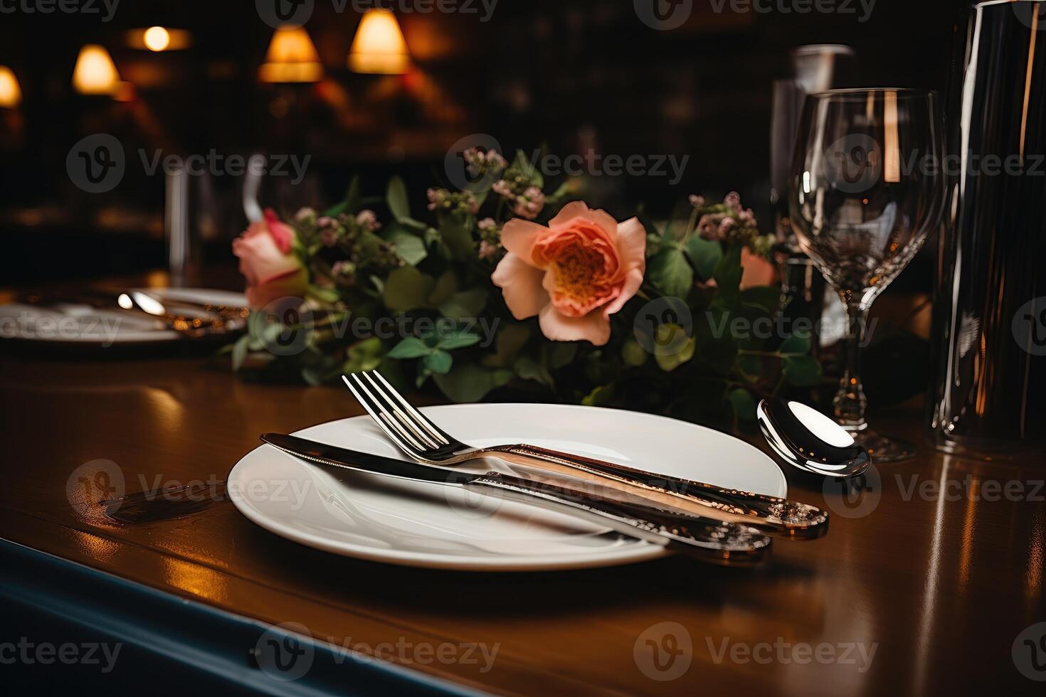 ai generado cuchillería ajuste en un restaurante mesa publicidad comida fotografía foto