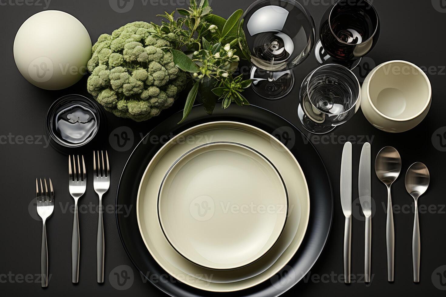 AI generated modern elegant event table and cutlery setting in a minimalist style advertising food photography photo