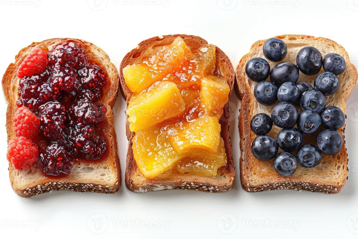 AI generated toasts with fruits jam on kitchen table professional advertising food photography photo