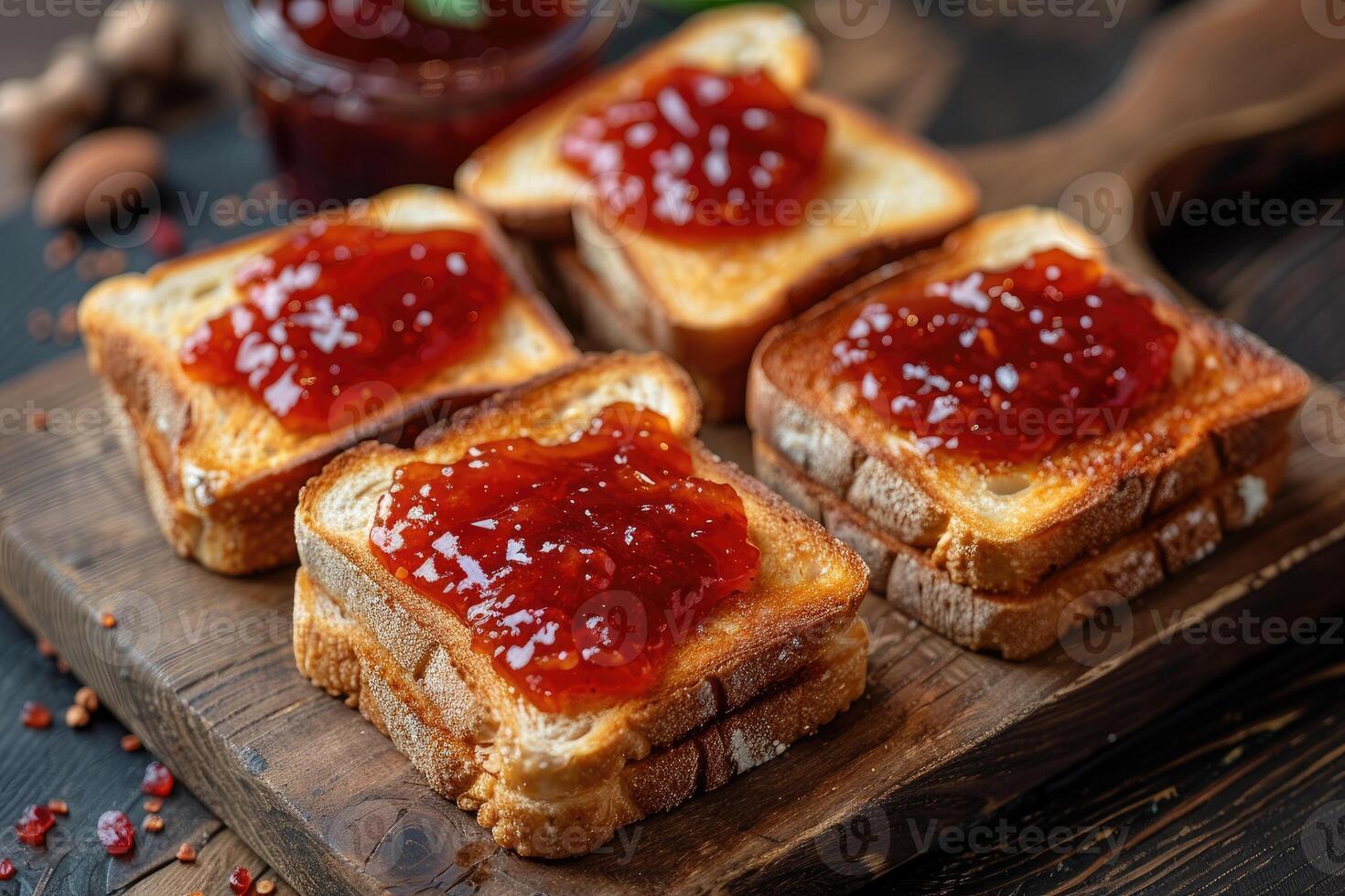 AI generated toasts with fruits jam on kitchen table professional advertising food photography photo