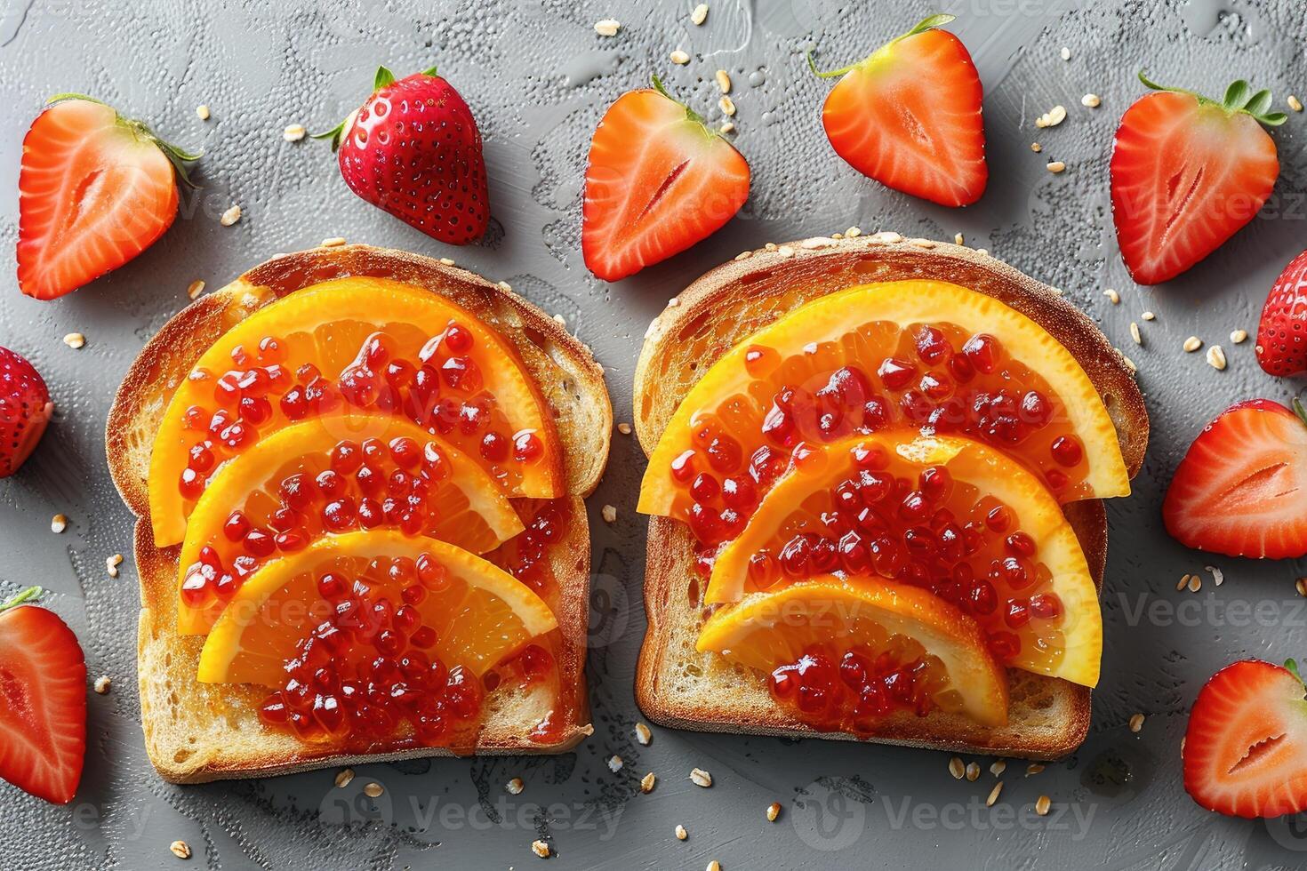 AI generated toasts with fruits jam on kitchen table professional advertising food photography photo