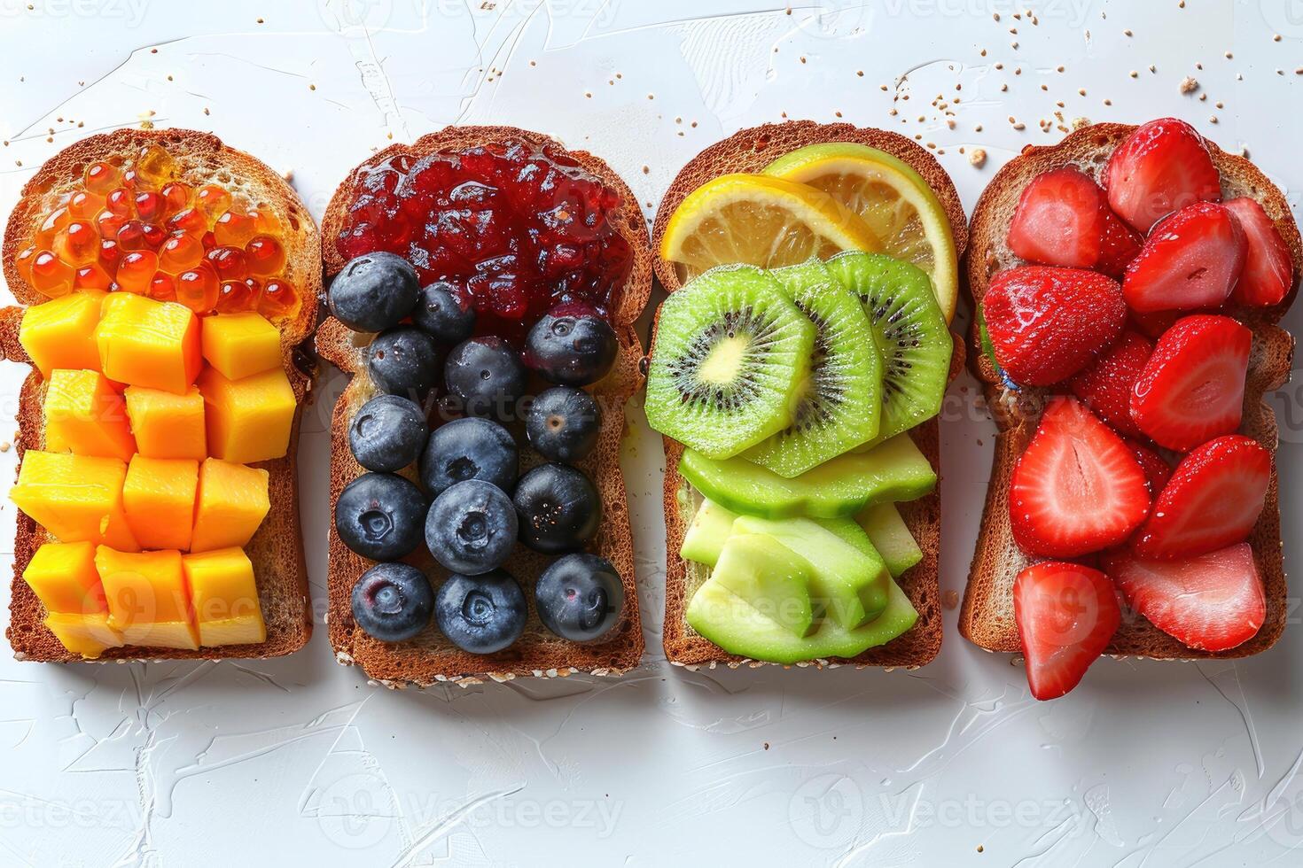 AI generated toasts with fruits jam on kitchen table professional advertising food photography photo