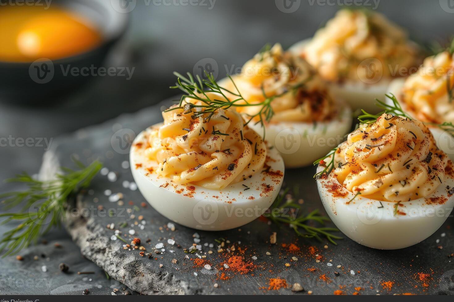 AI generated deviled egg in the kitchen table professional advertising food photography photo