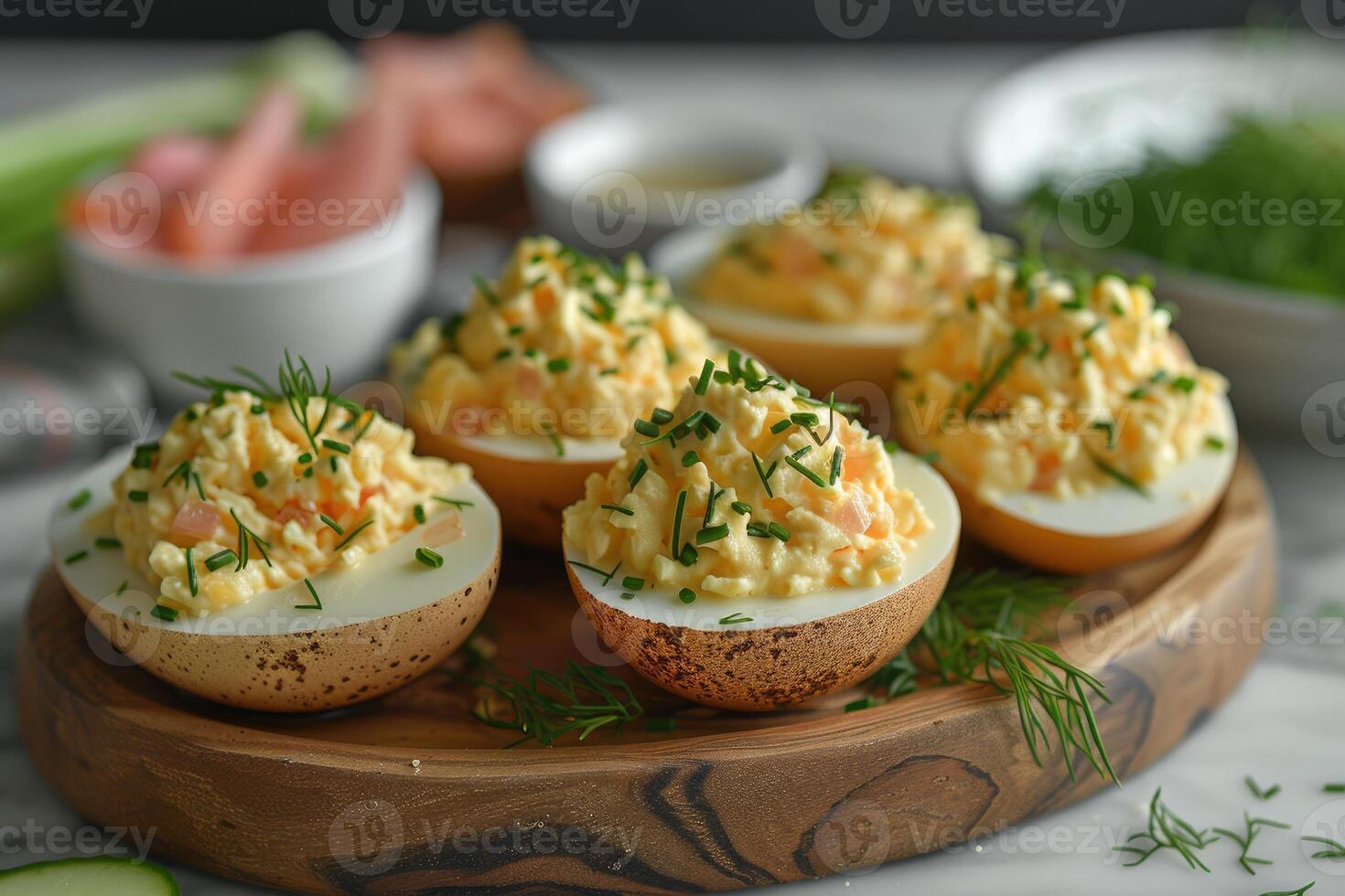 AI generated deviled egg in the kitchen table professional advertising food photography photo