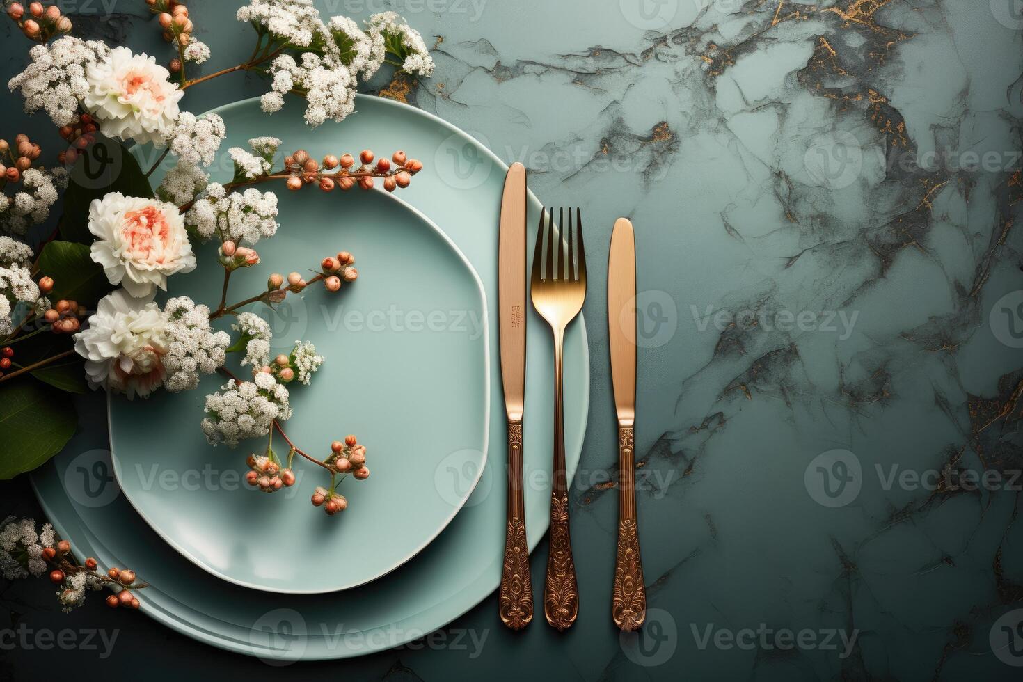 AI generated modern elegant event table and cutlery setting in a minimalist style advertising food photography photo