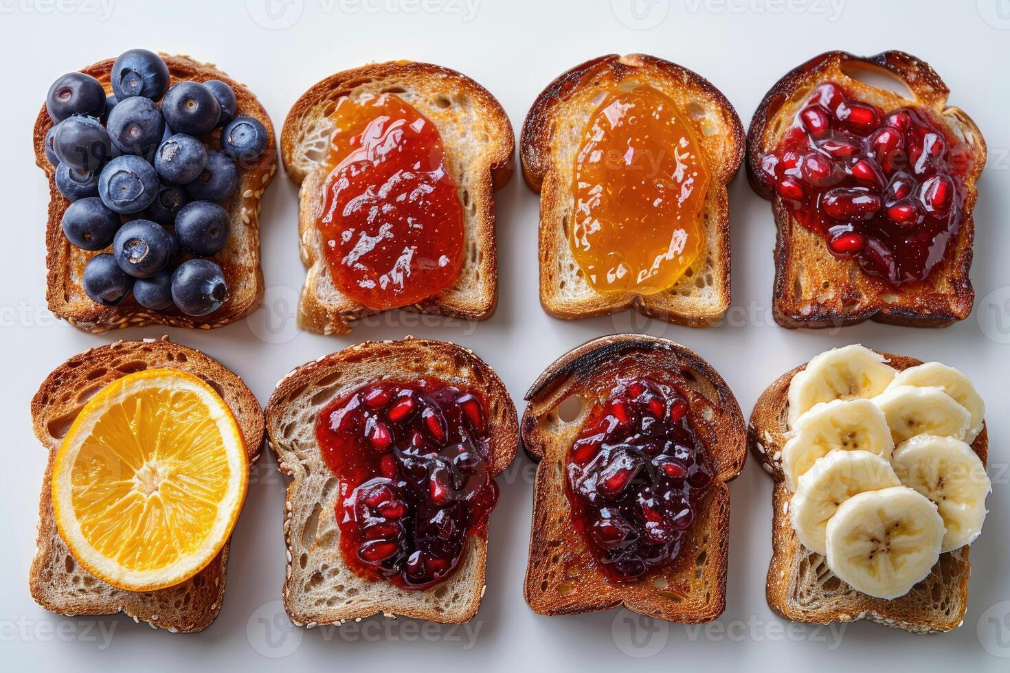 AI generated toasts with fruits jam on kitchen table professional advertising food photography photo