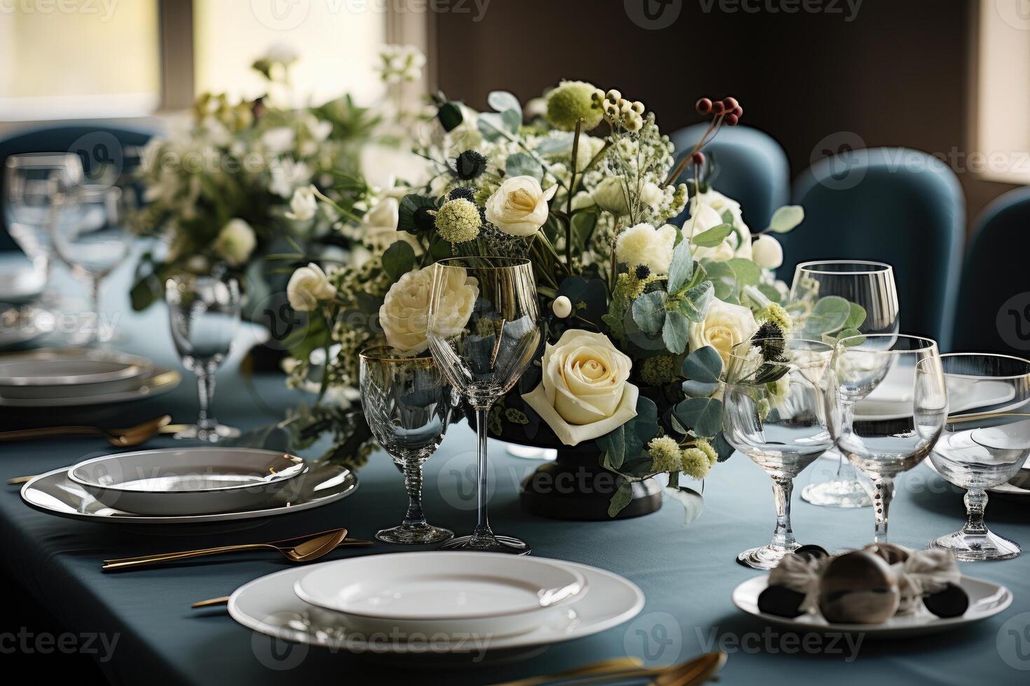 AI generated modern elegant event table and cutlery setting in a minimalist style advertising food photography photo