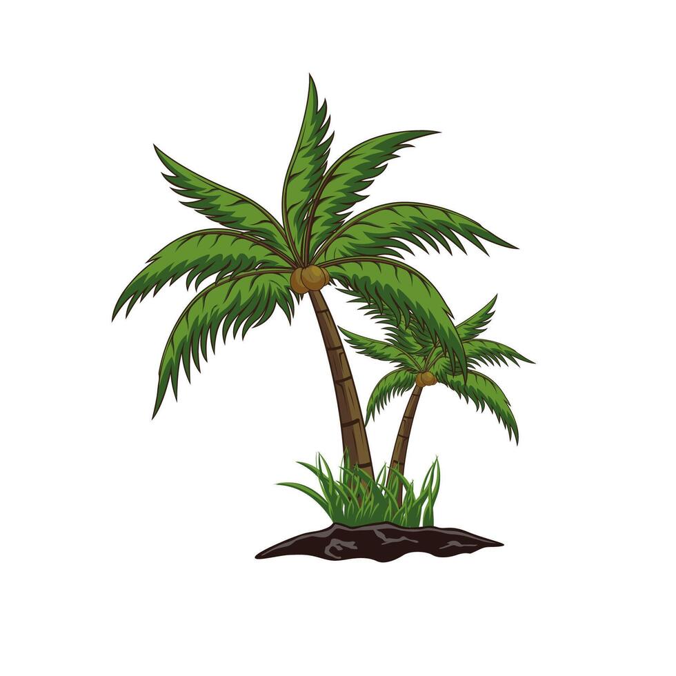 Exotic Palm Trees and Grass Isolated on White Background. Vector Illustration