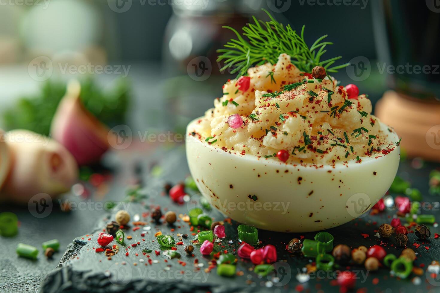 AI generated deviled egg in the kitchen table professional advertising food photography photo