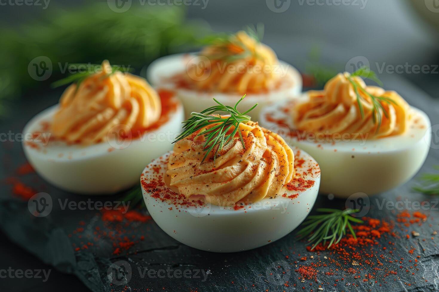 AI generated deviled egg in the kitchen table professional advertising food photography photo