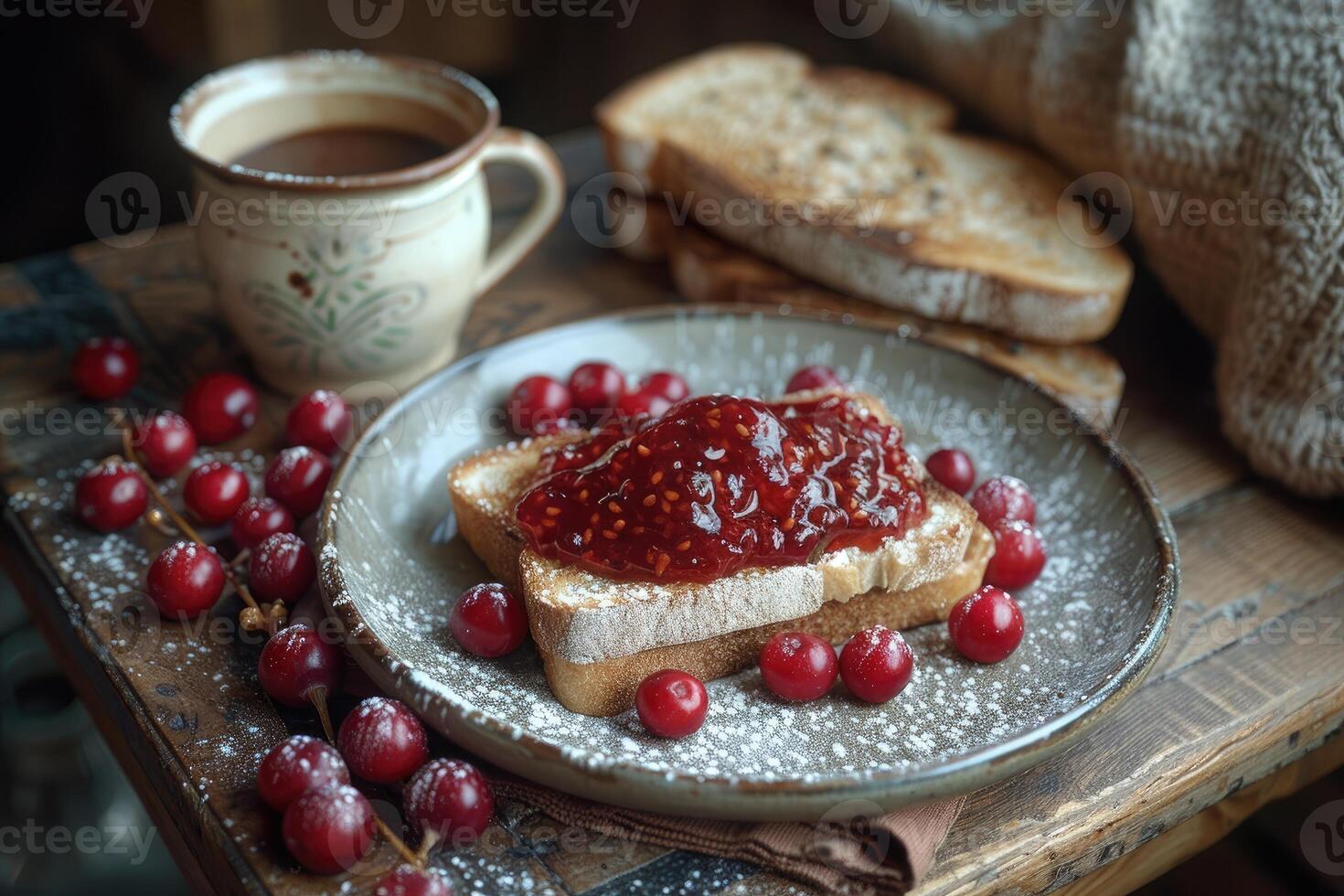 AI generated toasts with fruits jam on kitchen table professional advertising food photography photo