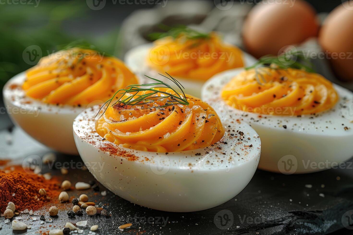 AI generated deviled egg in the kitchen table professional advertising food photography photo