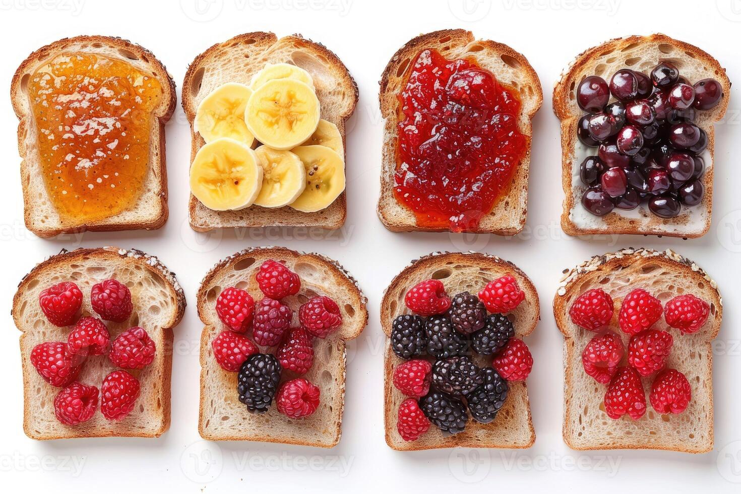 AI generated toasts with fruits jam on kitchen table professional advertising food photography photo