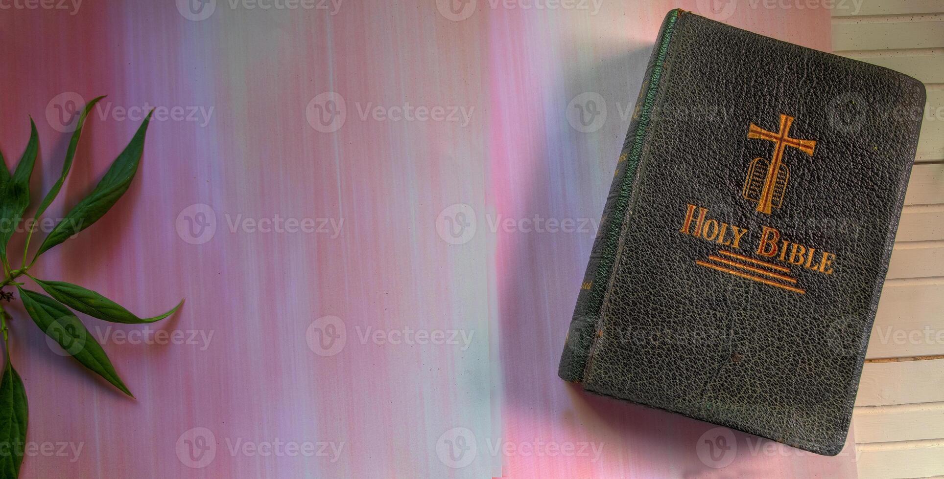 Top view of the Bible on lay flat surface with room for text photo