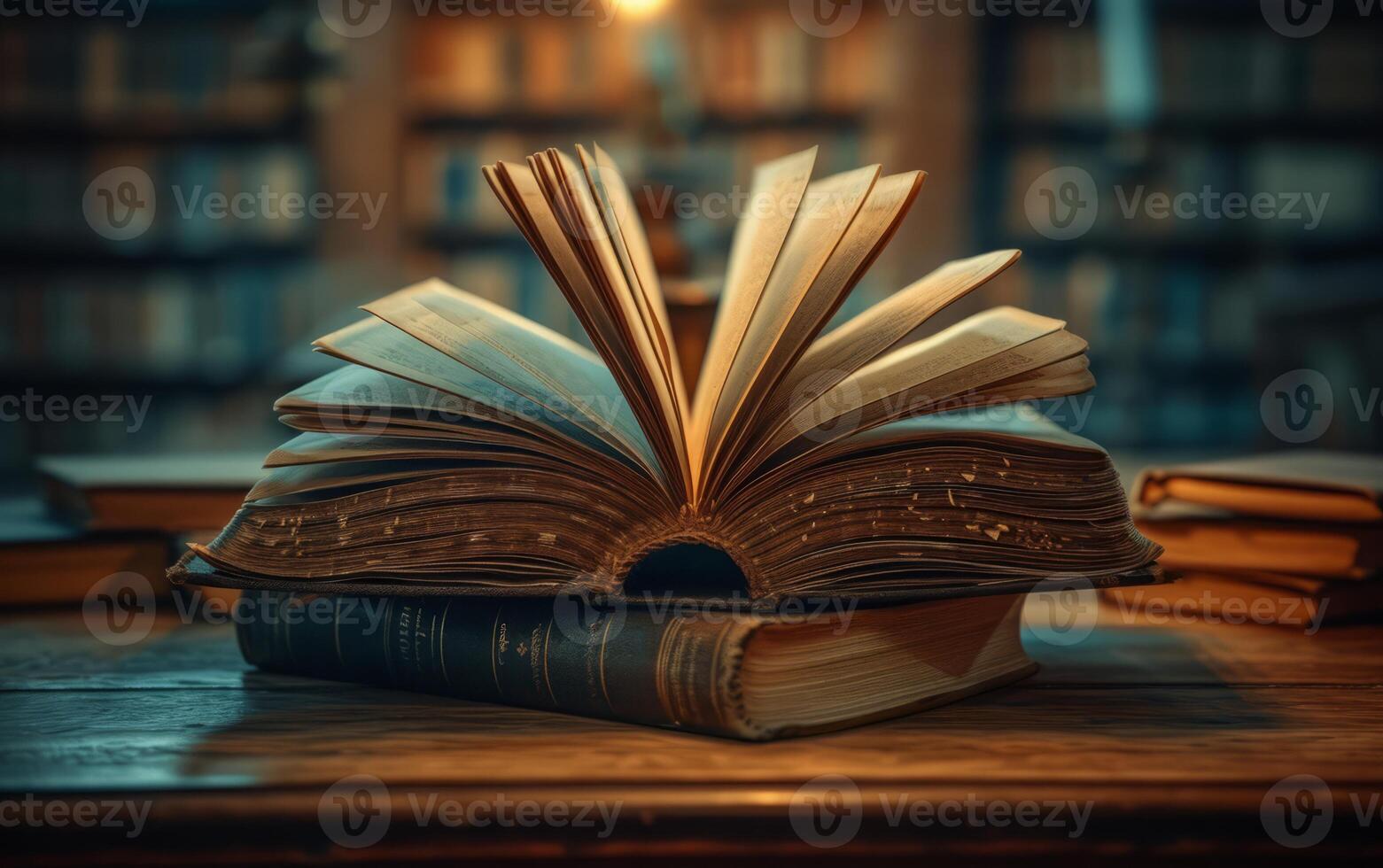 AI generated Opened old book on the table photo