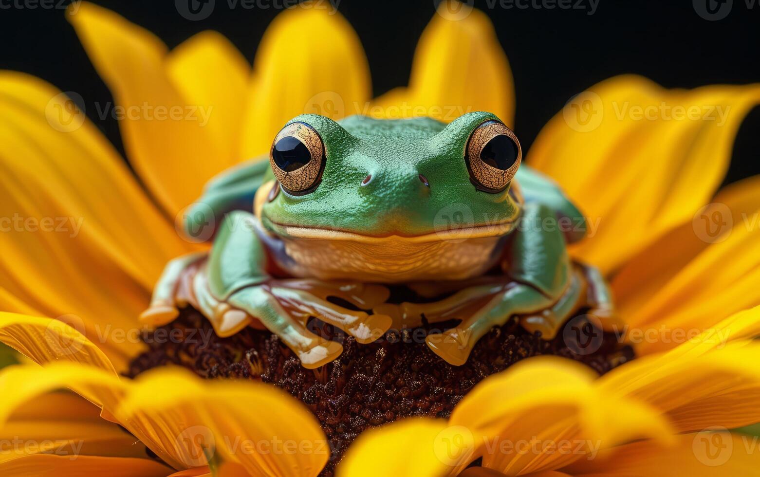 AI generated Frog sitting on sunflower photo