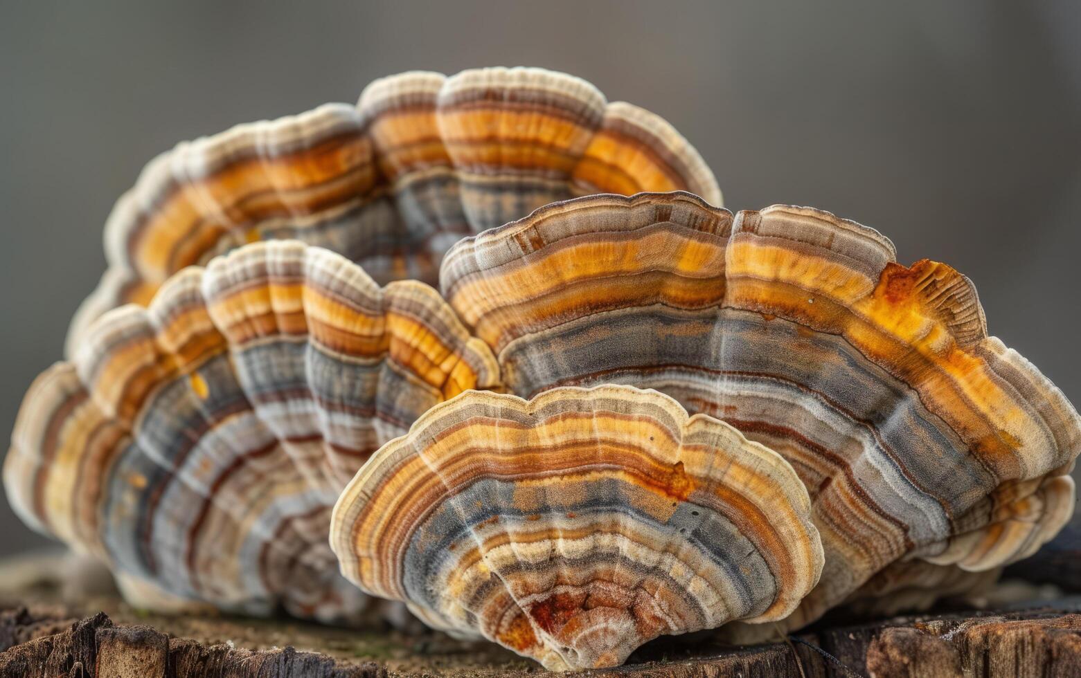 AI generated Mushrooms on wooden tree trunk plank photo