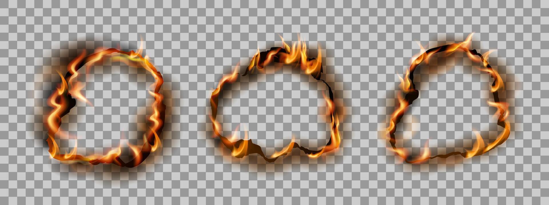 Realistic burnt holes, paper edges frames with fire and black ash vector