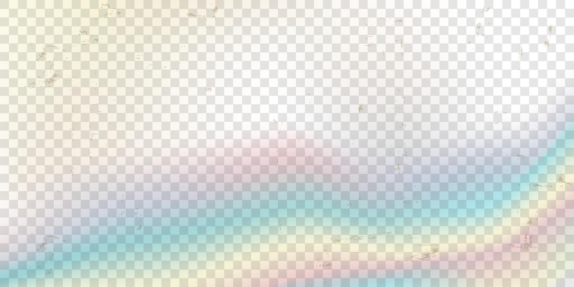 Old film distressed transparent background with rainbow glow dust scratches stains vector