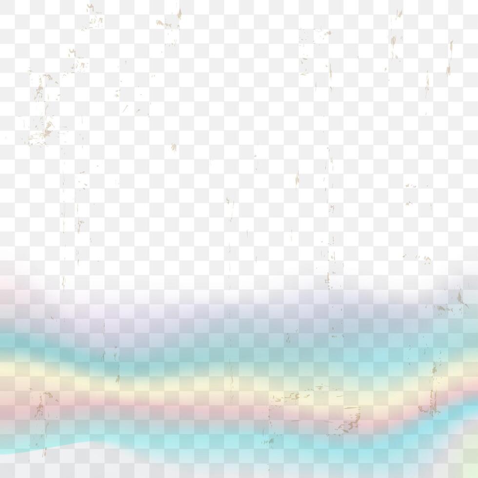 Transparent distressed old film background with rainbow glow, dust scratches stains vector